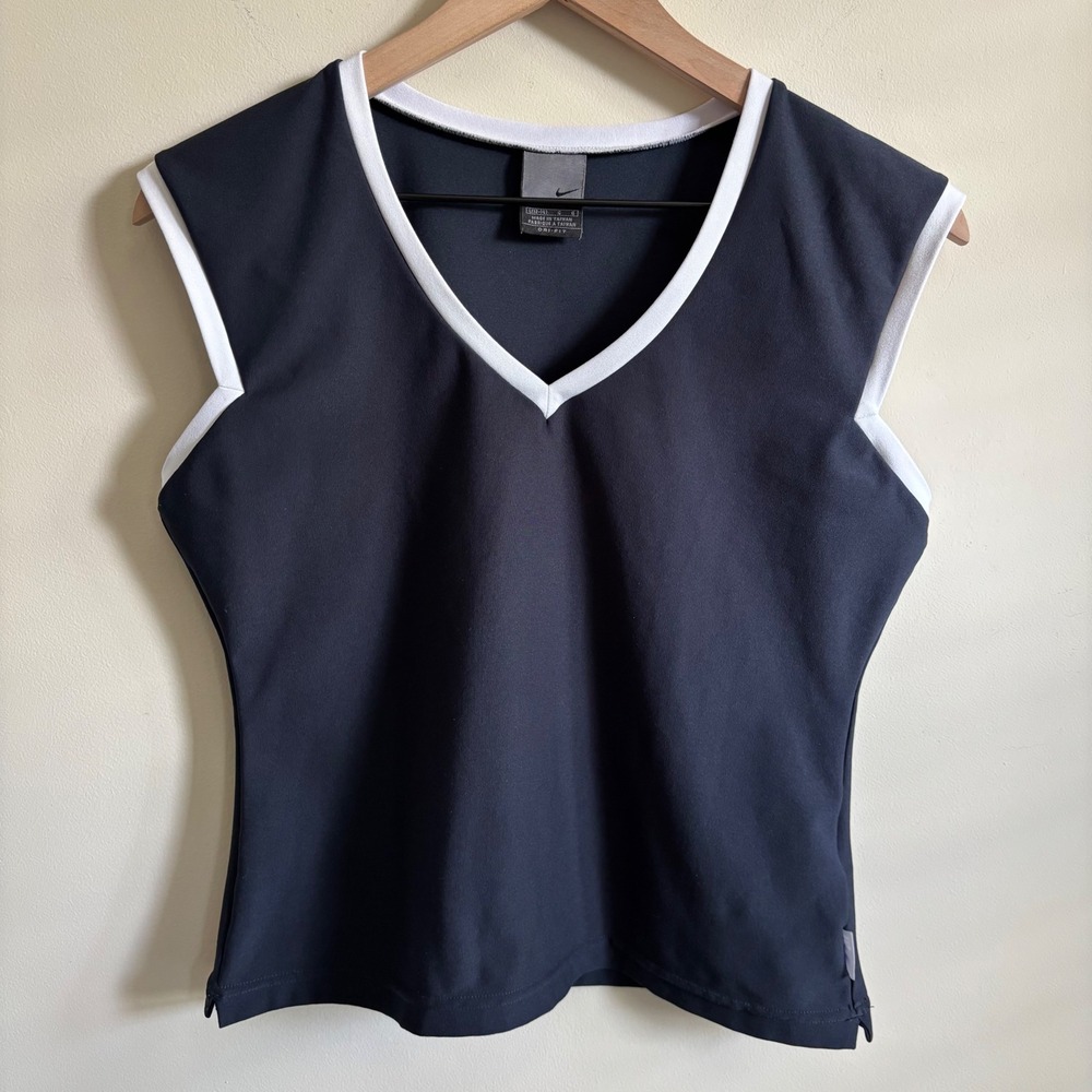 Nike Dri-FIT Sleeveless V-Neck Athletic Top Navy Blue White Cutout Back Large